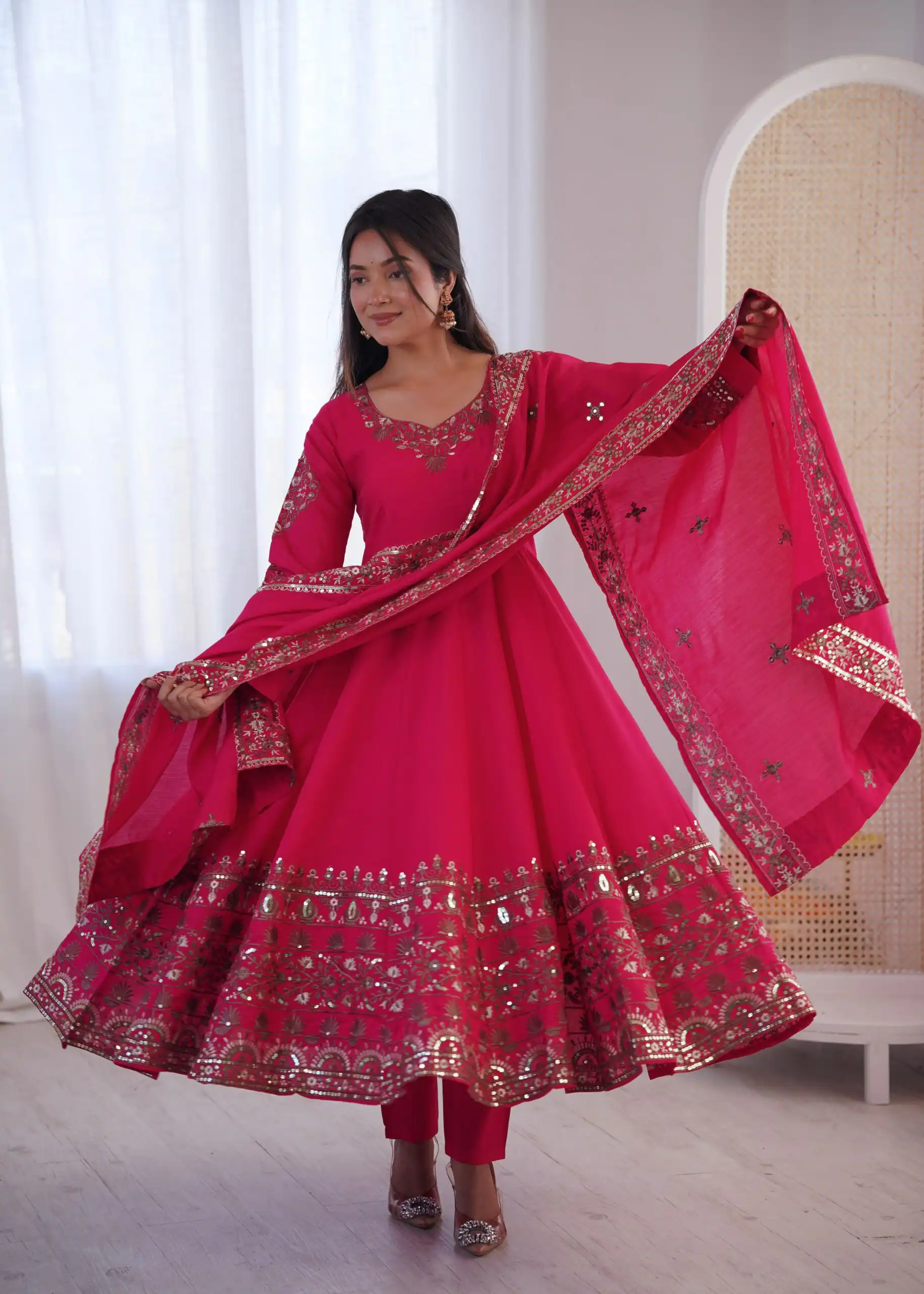 ZF 5016 Pink Roman Silk Gown with Embroidery Work. Wedding, Party, Festive, Events, Navratri, Exclusive Offer ₹2499. Delivery 4-6 Working Days. Shop now. | Bollywood Gowns, Creative Gowns, Designer Gowns, Embroidered Gowns, Gowns, Party Wear Gowns