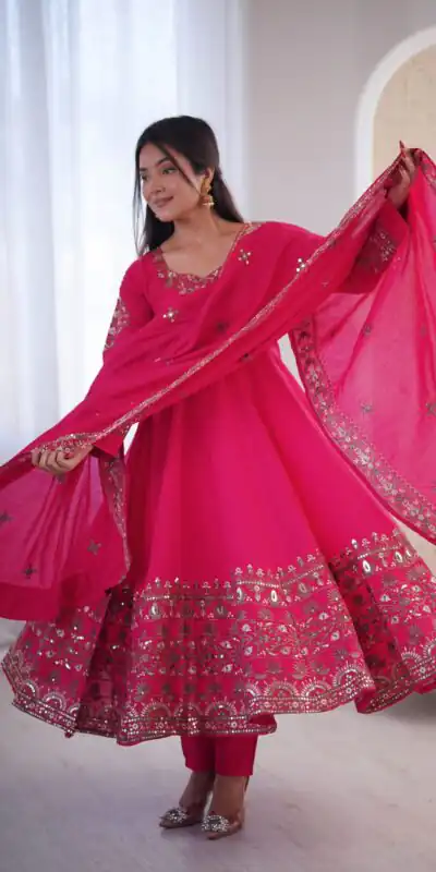 ZF 5016 Pink Roman Silk Gown with Embroidery Work. Wedding, Party, Festive, Events, Navratri, Exclusive Offer ₹2499. Delivery 4-6 Working Days. Shop now. | Bollywood Gowns, Creative Gowns, Designer Gowns, Embroidered Gowns, Gowns, Party Wear Gowns