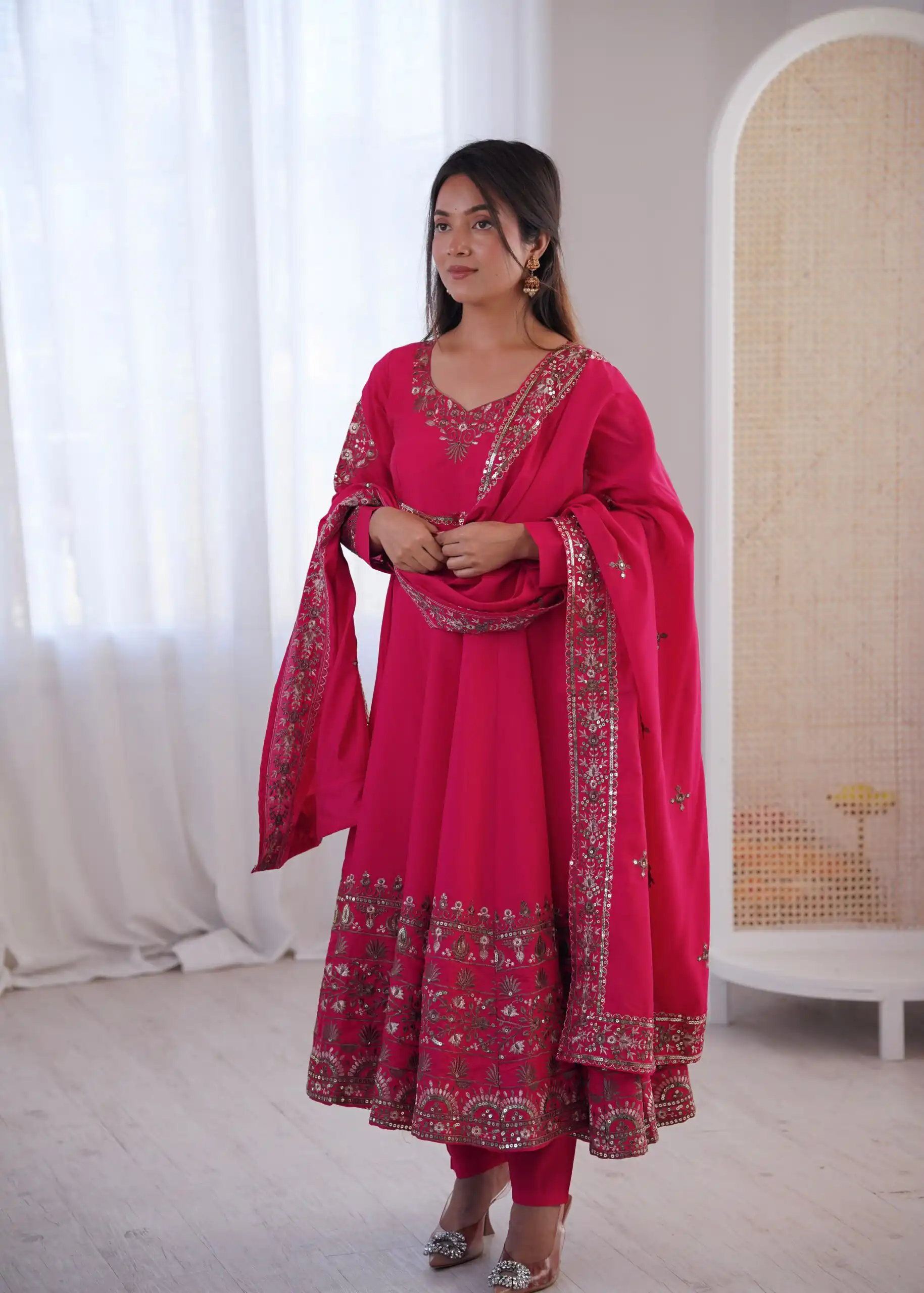 ZF 5016 Pink Roman Silk Gown with Embroidery Work. Wedding, Party, Festive, Events, Navratri, Exclusive Offer ₹2499. Delivery 4-6 Working Days. Shop now. | Bollywood Gowns, Creative Gowns, Designer Gowns, Embroidered Gowns, Gowns, Party Wear Gowns