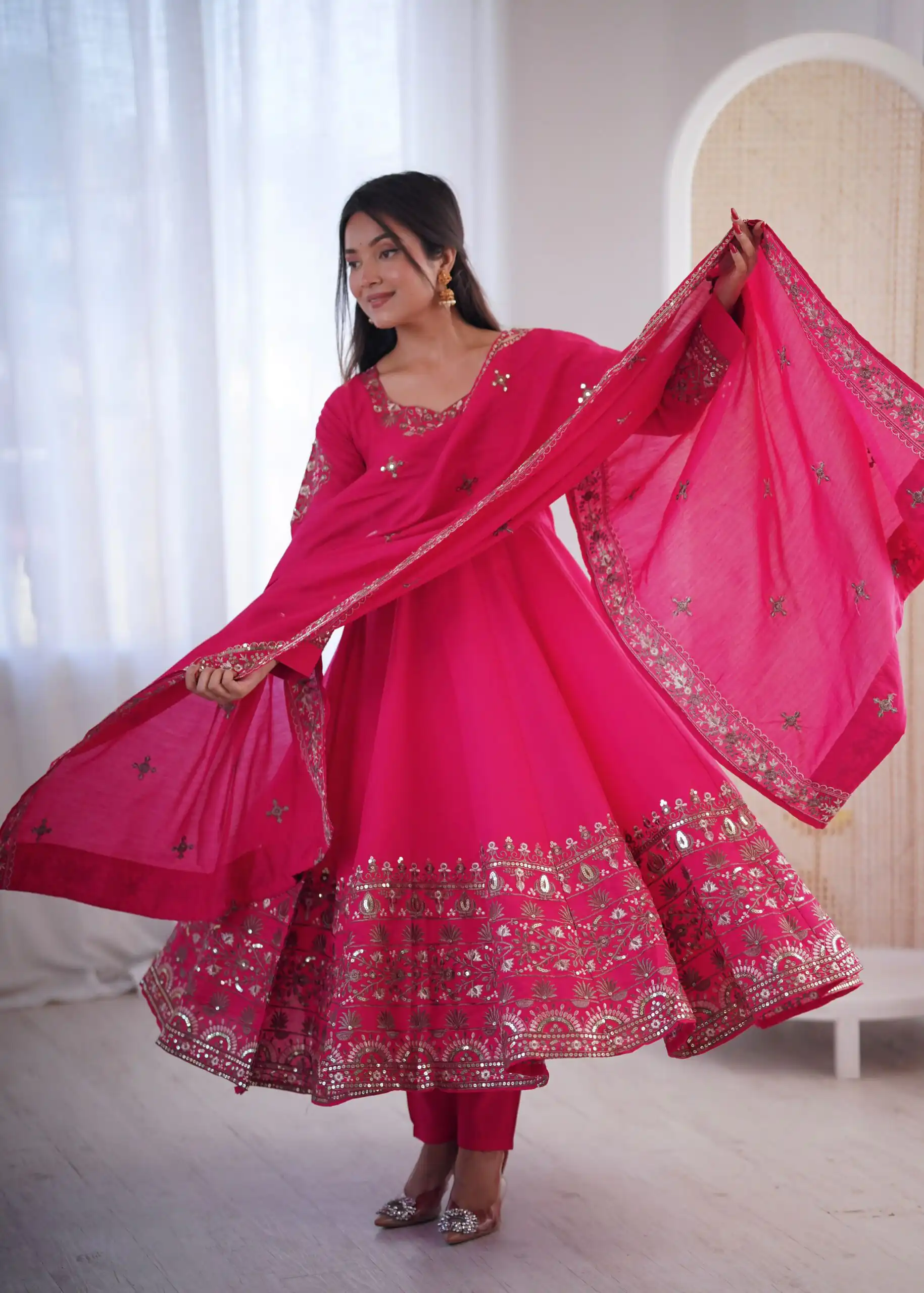 ZF 5016 Pink Roman Silk Gown with Embroidery Work. Wedding, Party, Festive, Events, Navratri, Exclusive Offer ₹2499. Delivery 4-6 Working Days. Shop now. | Bollywood Gowns, Creative Gowns, Designer Gowns, Embroidered Gowns, Gowns, Party Wear Gowns