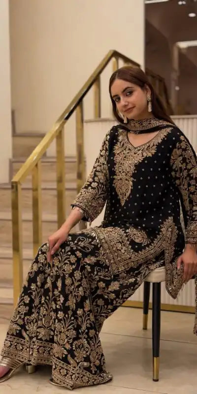 KF 1733 Black Faux Georgette Salwar Suit with Mirror Work & Embroidery Work. Get it for ₹2849. Delivery 4-6 Working Days. Shop now. | Jump Suits, Straight Suits, Casual Suits, Creative suits, Designer Suits, Palazzo Suits, Party Wear Suits, Patiala Suits, Salwar suit