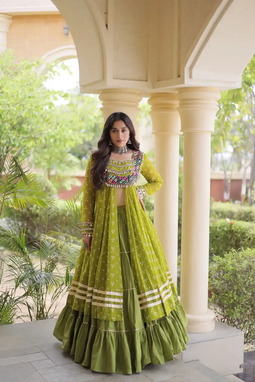 KA 5081 Mahendi| Faux Georgette Lehenga Choli with Embroidery Work & Lace Work. Special Price ₹3099. Delivery 4-6 Working Days. Shop now. | Bollywood Lehenga, Creative Lehenga, Designer Lehenga, Embroidered Lehenga, Lehenga, Party Wear Lehenga