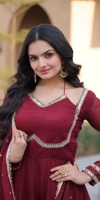 KA 1261 Maroon Silver Crunchy Gown Perfect for Wedding, Party, Durga Puja, Ganesh Chaturthi, Family Gatherings – n. Festive Deal ₹2249. Delivery 4-6 Worki | Bollywood Gowns, Creative Gowns, Designer Gowns, Embroidered Gowns, Gowns, Party Wear Gowns