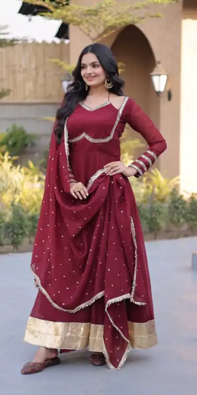 KA 1261 Maroon Silver Crunchy Gown Perfect for Wedding, Party, Durga Puja, Ganesh Chaturthi, Family Gatherings – n. Festive Deal ₹2249. Delivery 4-6 Worki | Bollywood Gowns, Creative Gowns, Designer Gowns, Embroidered Gowns, Gowns, Party Wear Gowns