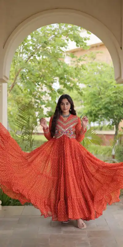 KA 1271 Orange in Colour Faux Georgette Bandhani Print Work Gown. Available at ₹2069 only. Delivery 4-6 Working Days. Shop now. | Bollywood Gowns, Creative Gowns, Designer Gowns, Embroidered Gowns, Gowns, Party Wear Gowns