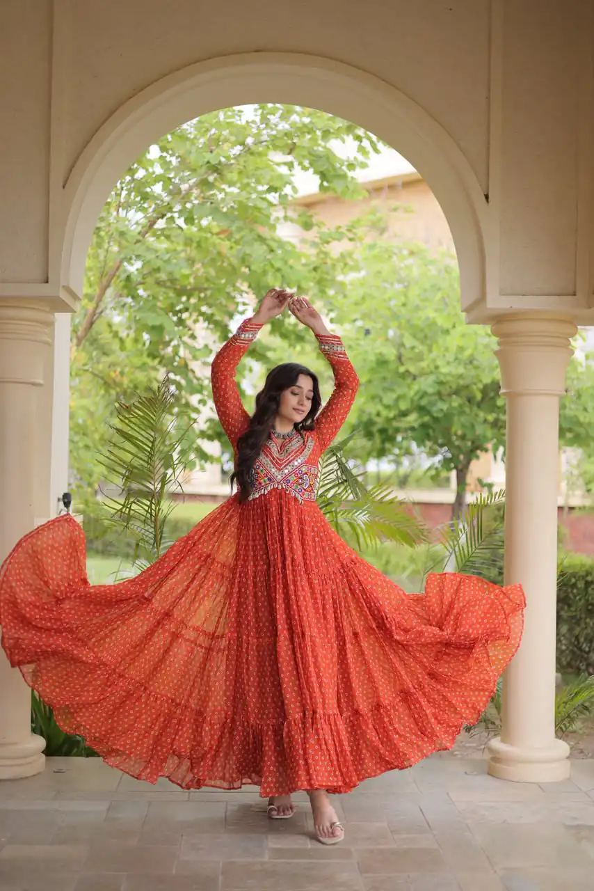 KA 1271 Orange in Colour Faux Georgette Bandhani Print Work Gown. Available at ₹2069 only. Delivery 4-6 Working Days. Shop now. | Bollywood Gowns, Creative Gowns, Designer Gowns, Embroidered Gowns, Gowns, Party Wear Gowns