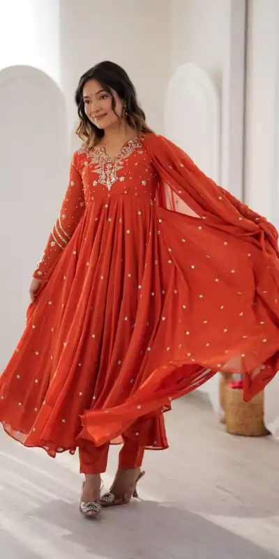 JF 056 Orange Faux Georgette Salwar Suit with Mirror Work & Embroidery Work. Get it for ₹2349. Delivery 4-6 Working Days. Shop now. | Jump Suits, Straight Suits, Casual Suits, Creative suits, Designer Suits, Palazzo Suits, Party Wear Suits, Patiala Suits, Salwar suit