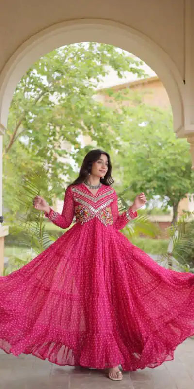 KA 1271 Pink in Colour Faux Georgette Bandhani Print Work Gown. Available at ₹2069 only. Delivery 4-6 Working Days. Shop now. | Bollywood Gowns, Creative Gowns, Designer Gowns, Embroidered Gowns, Gowns, Party Wear Gowns
