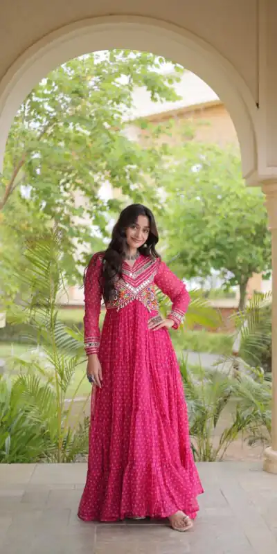 KA 1271 Pink in Colour Faux Georgette Bandhani Print Work Gown. Available at ₹2069 only. Delivery 4-6 Working Days. Shop now. | Bollywood Gowns, Creative Gowns, Designer Gowns, Embroidered Gowns, Gowns, Party Wear Gowns