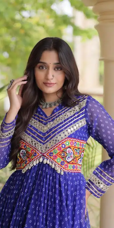 KA 1271 Royal Blue in Colour Faux Georgette Bandhani Print Work Gown. Available at ₹2069 only. Delivery 4-6 Working Days. Shop now. | Bollywood Gowns, Creative Gowns, Designer Gowns, Embroidered Gowns, Gowns, Party Wear Gowns