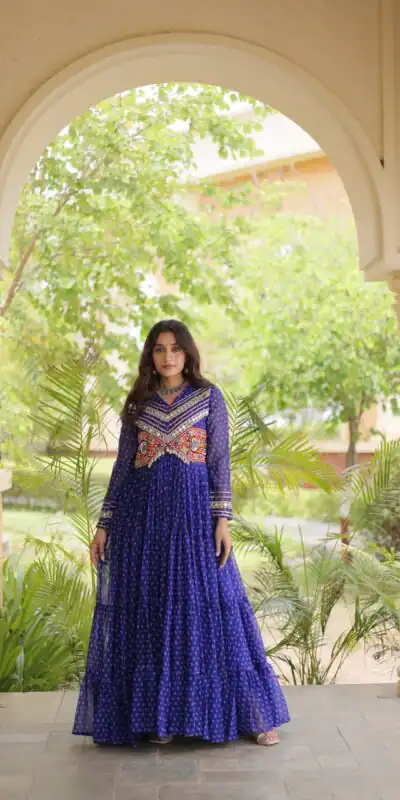 KA 1271 Royal Blue in Colour Faux Georgette Bandhani Print Work Gown. Available at ₹2069 only. Delivery 4-6 Working Days. Shop now. | Bollywood Gowns, Creative Gowns, Designer Gowns, Embroidered Gowns, Gowns, Party Wear Gowns