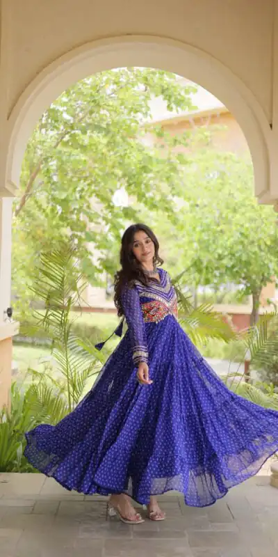 KA 1271 Royal Blue in Colour Faux Georgette Bandhani Print Work Gown. Available at ₹2069 only. Delivery 4-6 Working Days. Shop now. | Bollywood Gowns, Creative Gowns, Designer Gowns, Embroidered Gowns, Gowns, Party Wear Gowns