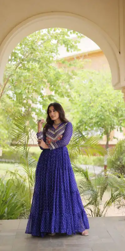 KA 1271 Royal Blue in Colour Faux Georgette Bandhani Print Work Gown. Available at ₹2069 only. Delivery 4-6 Working Days. Shop now. | Bollywood Gowns, Creative Gowns, Designer Gowns, Embroidered Gowns, Gowns, Party Wear Gowns