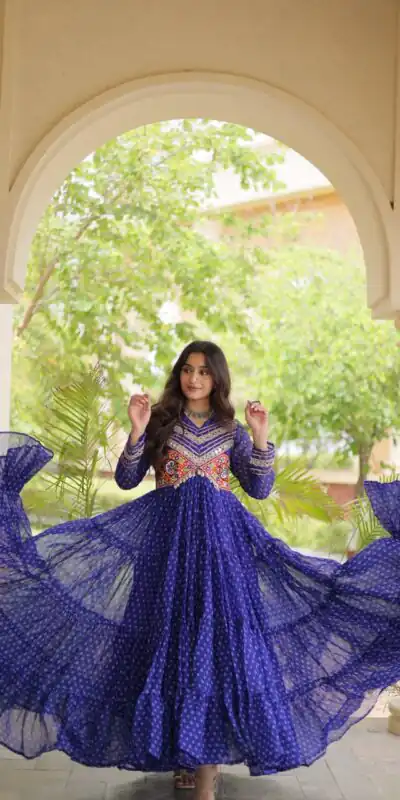 KA 1271 Royal Blue in Colour Faux Georgette Bandhani Print Work Gown. Available at ₹2069 only. Delivery 4-6 Working Days. Shop now. | Bollywood Gowns, Creative Gowns, Designer Gowns, Embroidered Gowns, Gowns, Party Wear Gowns