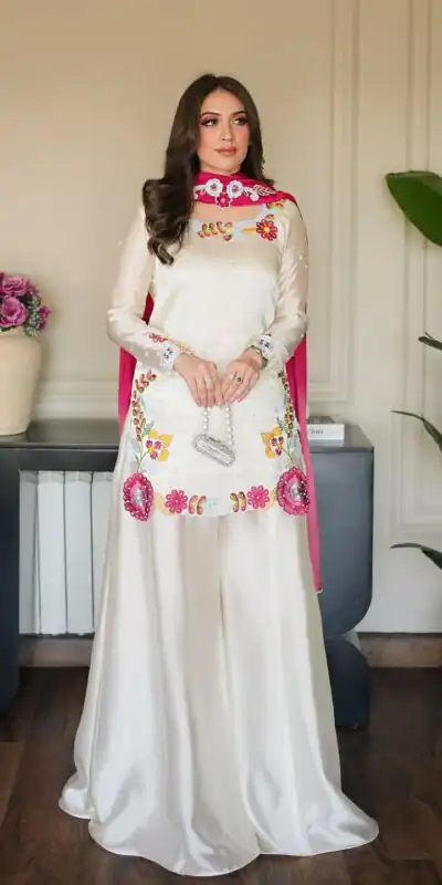 VLM 338 White Color Roman Silk Salwar Suit with Embroidery Work. Available at ₹2499 only. Delivery 4-6 Working Days. Shop now. | Jump Suits, Straight Suits, Casual Suits, Creative suits, Designer Suits, Palazzo Suits, Party Wear Suits, Patiala Suits, Salwar suit