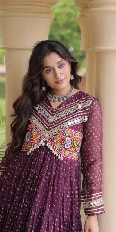 KA 1271 Wine in Colour Faux Georgette Bandhani Print Work Gown. Available at ₹2069 only. Delivery 4-6 Working Days. Shop now. | Bollywood Gowns, Creative Gowns, Designer Gowns, Embroidered Gowns, Gowns, Party Wear Gowns