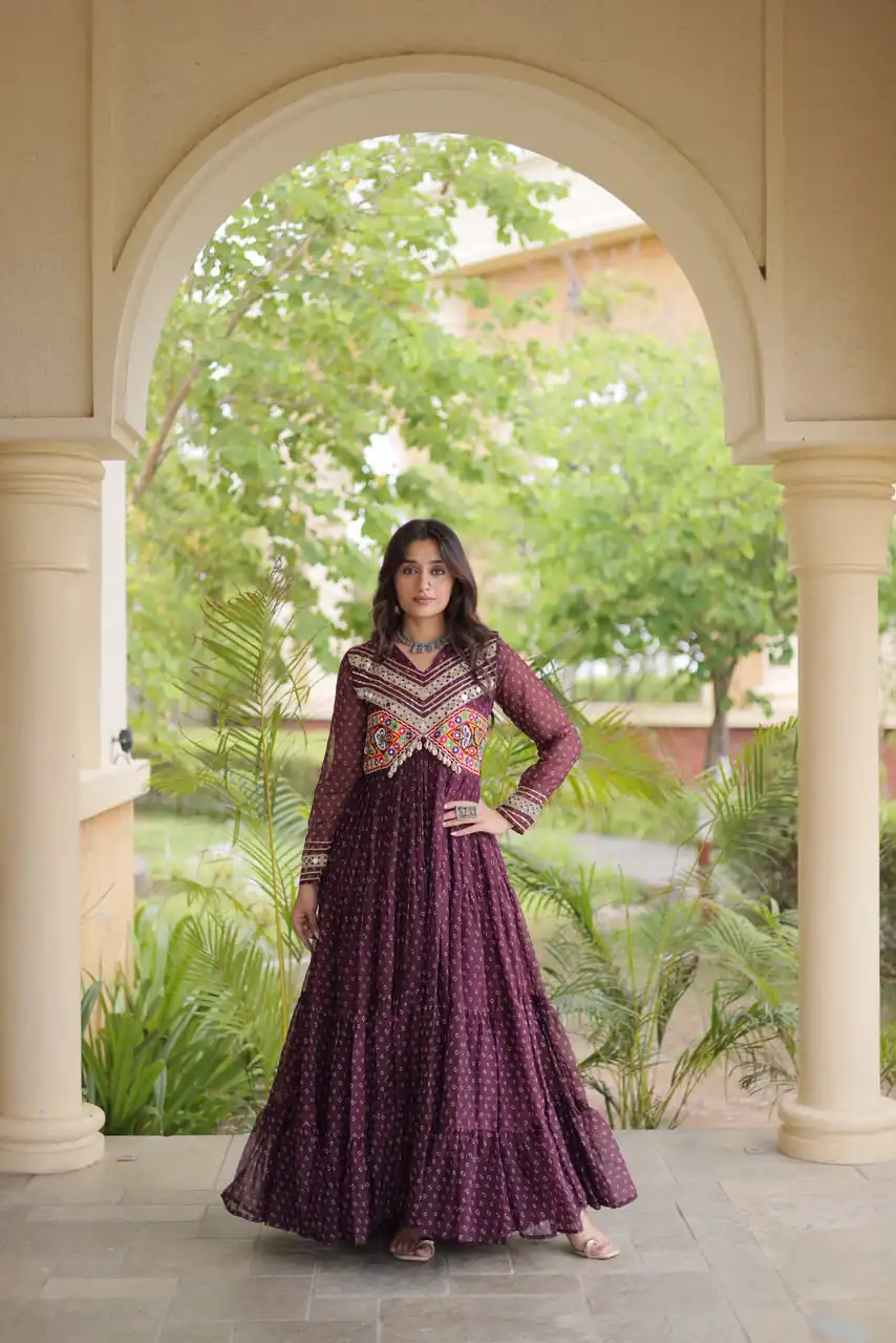 KA 1271 Wine in Colour Faux Georgette Bandhani Print Work Gown. Available at ₹2069 only. Delivery 4-6 Working Days. Shop now. | Bollywood Gowns, Creative Gowns, Designer Gowns, Embroidered Gowns, Gowns, Party Wear Gowns