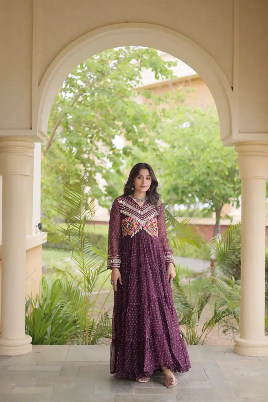 KA 1271 Wine in Colour Faux Georgette Bandhani Print Work Gown. Available at ₹2069 only. Delivery 4-6 Working Days. Shop now. | Bollywood Gowns, Creative Gowns, Designer Gowns, Embroidered Gowns, Gowns, Party Wear Gowns
