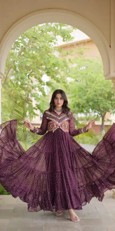 KA 1271 Wine in Colour Faux Georgette Bandhani Print Work Gown. Available at ₹2069 only. Delivery 4-6 Working Days. Shop now. | Bollywood Gowns, Creative Gowns, Designer Gowns, Embroidered Gowns, Gowns, Party Wear Gowns