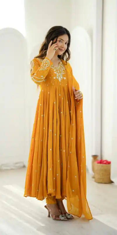 JF 056 Yellow Faux Georgette Salwar Suit with Mirror Work & Embroidery Work. Get it for ₹2349. Delivery 4-6 Working Days. Shop now. | Jump Suits, Straight Suits, Casual Suits, Creative suits, Designer Suits, Palazzo Suits, Party Wear Suits, Patiala Suits, Salwar suit