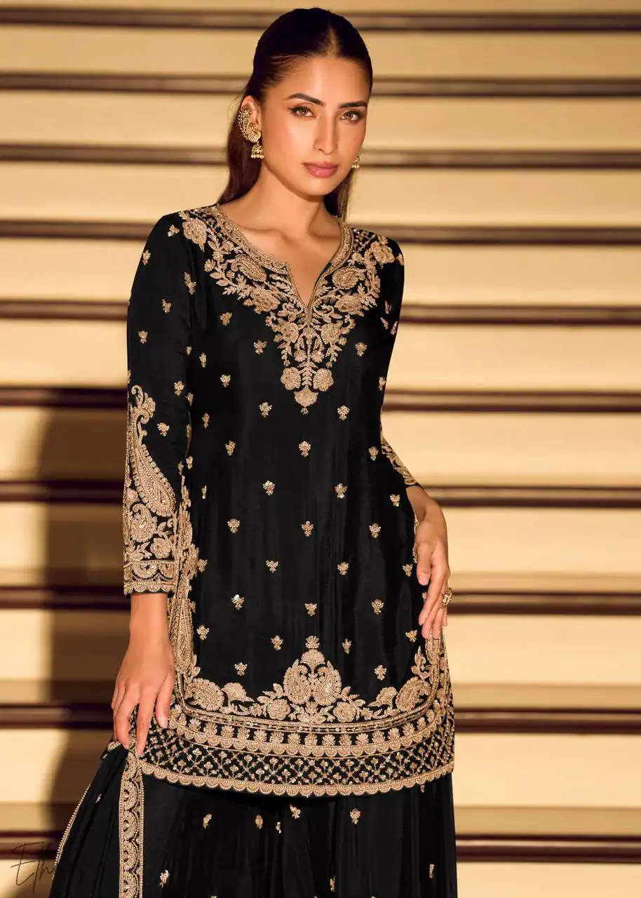 ZB 5067 Black Chinon Silk Salwar Suit Perfect for Wedding, Party, Ganesh Chaturthi, Baby Shower, Makar Sankranti – . Affordable Price ₹2399. /- | Jump Suits, Straight Suits, Casual Suits, Creative suits, Designer Suits, Palazzo Suits, Party Wear Suits, Patiala Suits, Salwar suit