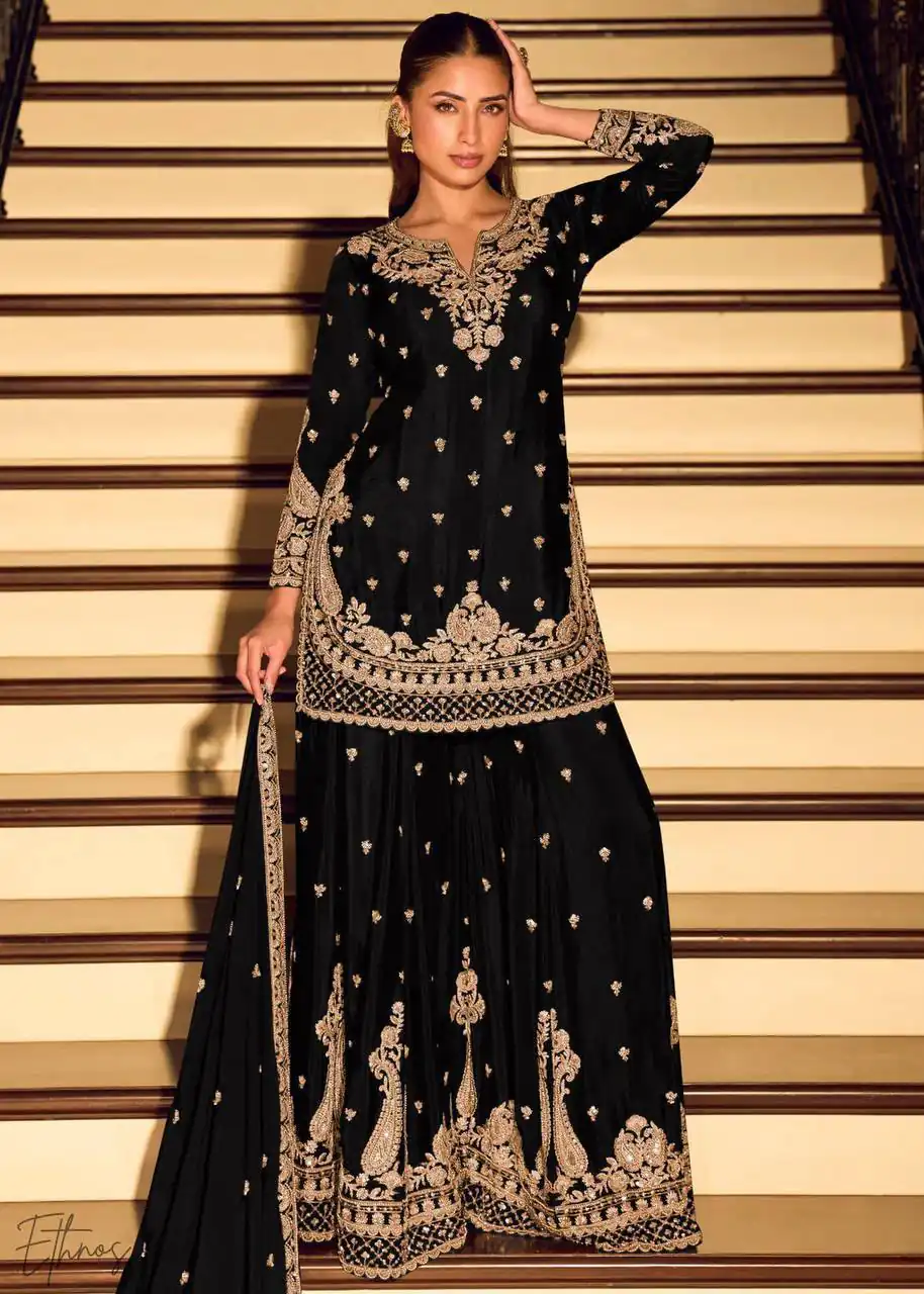 ZB 5067 Black Chinon Silk Salwar Suit Perfect for Wedding, Party, Ganesh Chaturthi, Baby Shower, Makar Sankranti – . Affordable Price ₹2399. /- | Jump Suits, Straight Suits, Casual Suits, Creative suits, Designer Suits, Palazzo Suits, Party Wear Suits, Patiala Suits, Salwar suit