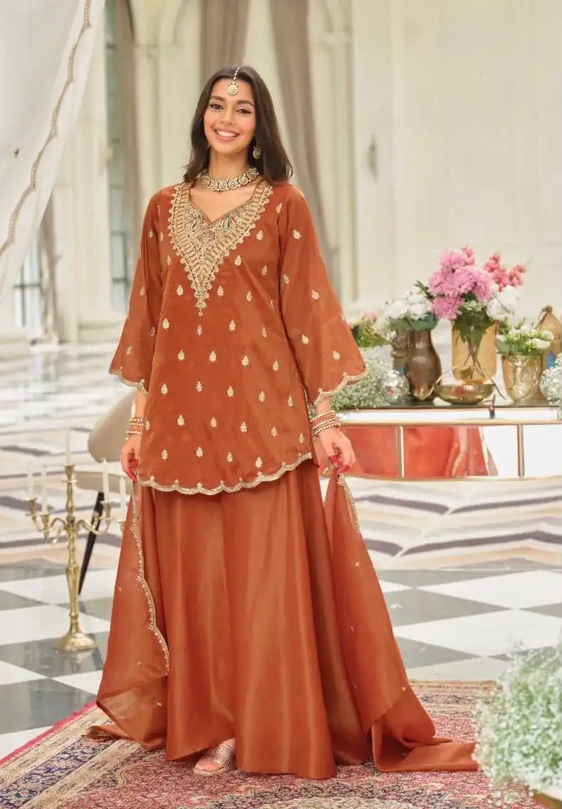ST 243 Rust Color Natural Crep Salwar Suit with Embroidery Work. Wedding, Party, Festive, Best Price ₹2199. Delivery 4-6 Working Days. Shop now. | Jump Suits, Straight Suits, Casual Suits, Creative suits, Designer Suits, Palazzo Suits, Party Wear Suits, Patiala Suits, Salwar suit