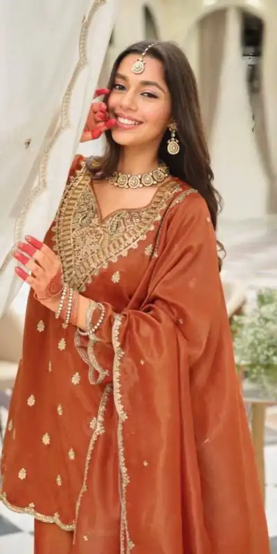 ST 243 Rust Color Natural Crep Salwar Suit with Embroidery Work. Wedding, Party, Festive, Best Price ₹2199. Delivery 4-6 Working Days. Shop now. | Jump Suits, Straight Suits, Casual Suits, Creative suits, Designer Suits, Palazzo Suits, Party Wear Suits, Patiala Suits, Salwar suit