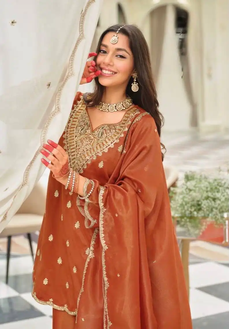 ST 243 Rust Color Natural Crep Salwar Suit with Embroidery Work. Wedding, Party, Festive, Best Price ₹2199. Delivery 4-6 Working Days. Shop now. | Jump Suits, Straight Suits, Casual Suits, Creative suits, Designer Suits, Palazzo Suits, Party Wear Suits, Patiala Suits, Salwar suit