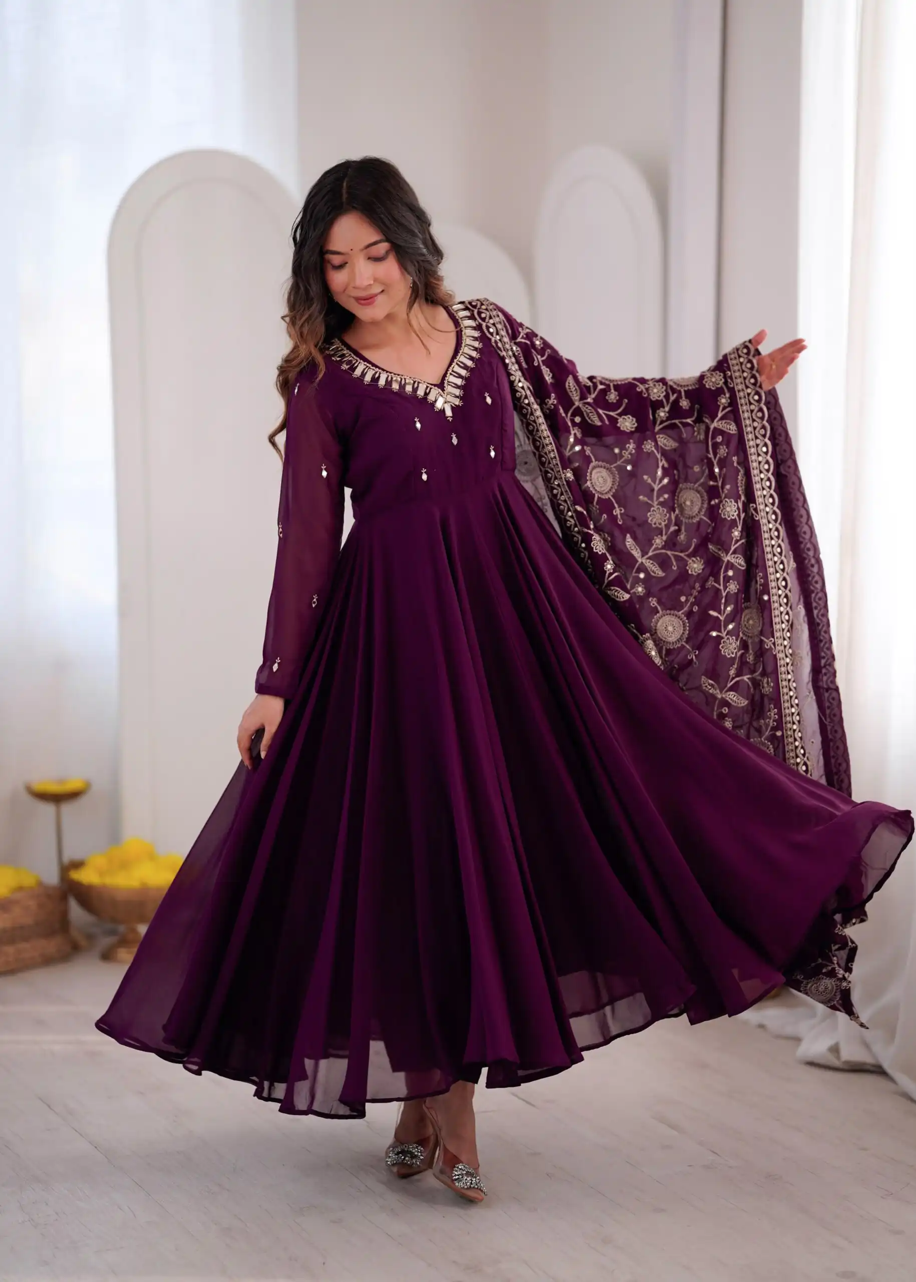 ZF 5025 Wine Faux Georgette Gown Perfect for Wedding, Party, Raksha Bandhan, Temple Visit, Onam – . Get it for ₹2149. Delivery 4-6 Working Days. Shop now | Bollywood Gowns, Creative Gowns, Designer Gowns, Embroidered Gowns, Gowns, Party Wear Gowns