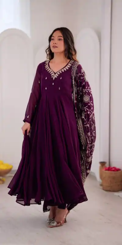 ZF 5025 Wine Faux Georgette Gown Perfect for Wedding, Party, Raksha Bandhan, Temple Visit, Onam – . Get it for ₹2149. Delivery 4-6 Working Days. Shop now | Bollywood Gowns, Creative Gowns, Designer Gowns, Embroidered Gowns, Gowns, Party Wear Gowns