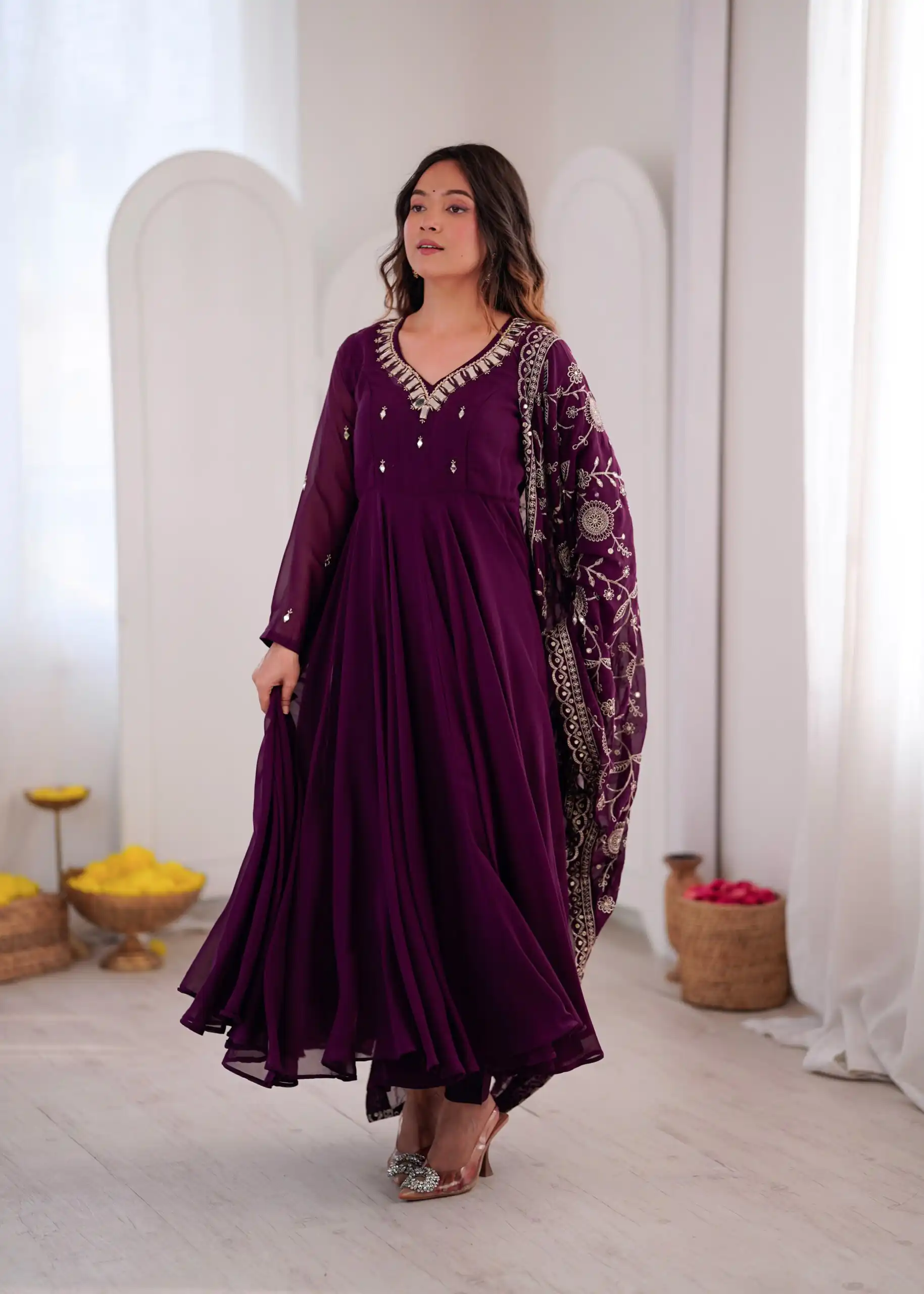 ZF 5025 Wine Faux Georgette Gown Perfect for Wedding, Party, Raksha Bandhan, Temple Visit, Onam – . Get it for ₹2149. Delivery 4-6 Working Days. Shop now | Bollywood Gowns, Creative Gowns, Designer Gowns, Embroidered Gowns, Gowns, Party Wear Gowns
