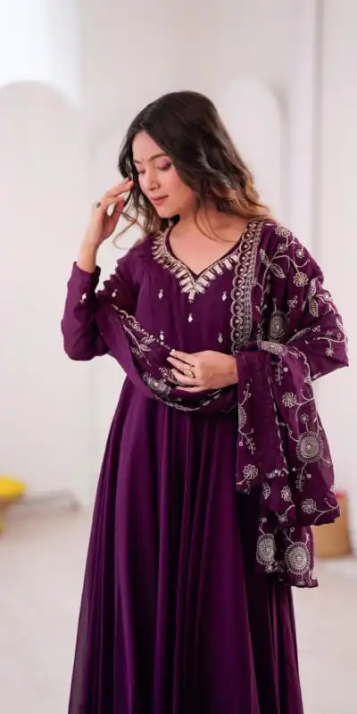 ZF 5025 Wine Faux Georgette Gown Perfect for Wedding, Party, Raksha Bandhan, Temple Visit, Onam – . Get it for ₹2149. Delivery 4-6 Working Days. Shop now | Bollywood Gowns, Creative Gowns, Designer Gowns, Embroidered Gowns, Gowns, Party Wear Gowns