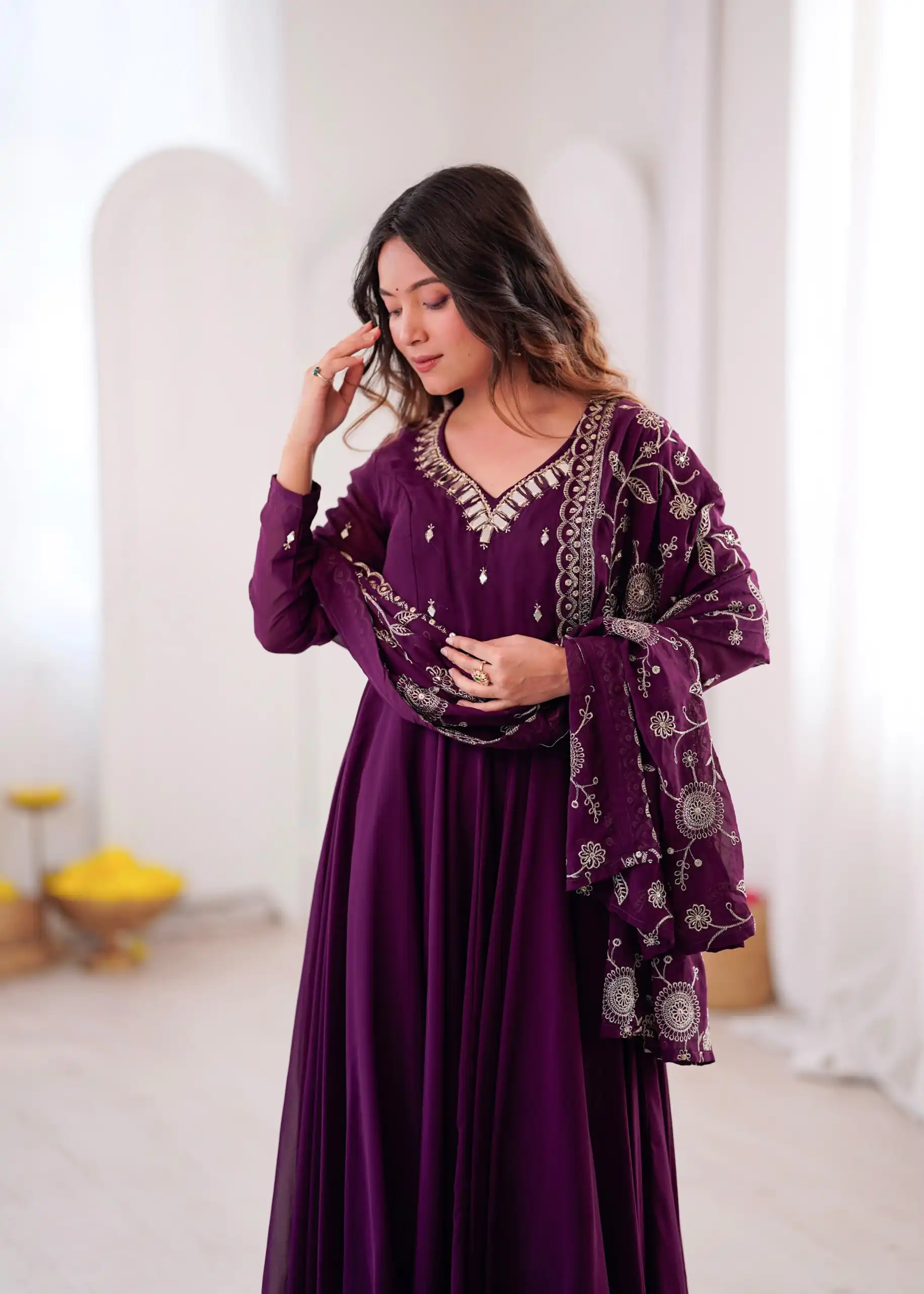 ZF 5025 Wine Faux Georgette Gown Perfect for Wedding, Party, Raksha Bandhan, Temple Visit, Onam – . Get it for ₹2149. Delivery 4-6 Working Days. Shop now | Bollywood Gowns, Creative Gowns, Designer Gowns, Embroidered Gowns, Gowns, Party Wear Gowns