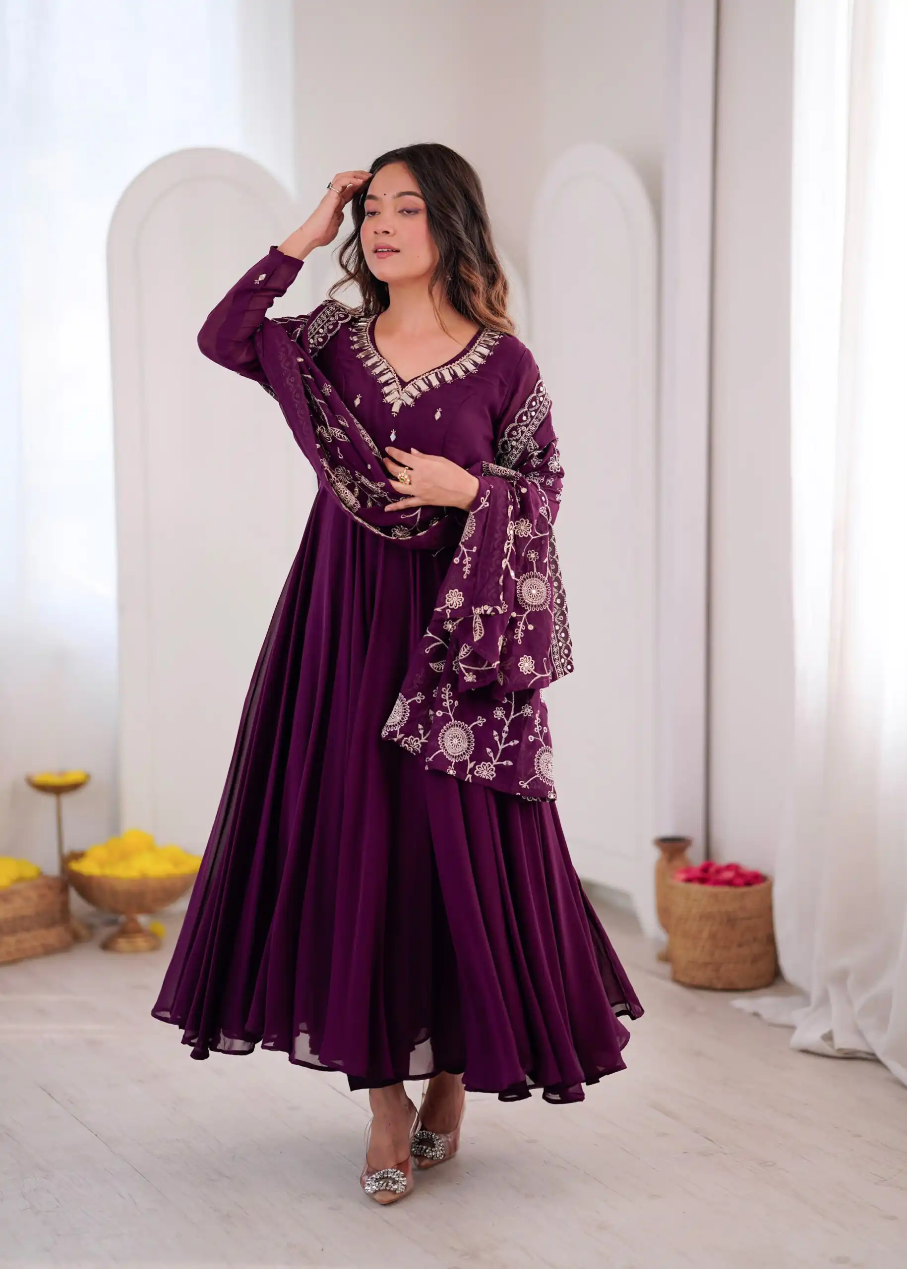 ZF 5025 Wine Faux Georgette Gown Perfect for Wedding, Party, Raksha Bandhan, Temple Visit, Onam – . Get it for ₹2149. Delivery 4-6 Working Days. Shop now | Bollywood Gowns, Creative Gowns, Designer Gowns, Embroidered Gowns, Gowns, Party Wear Gowns