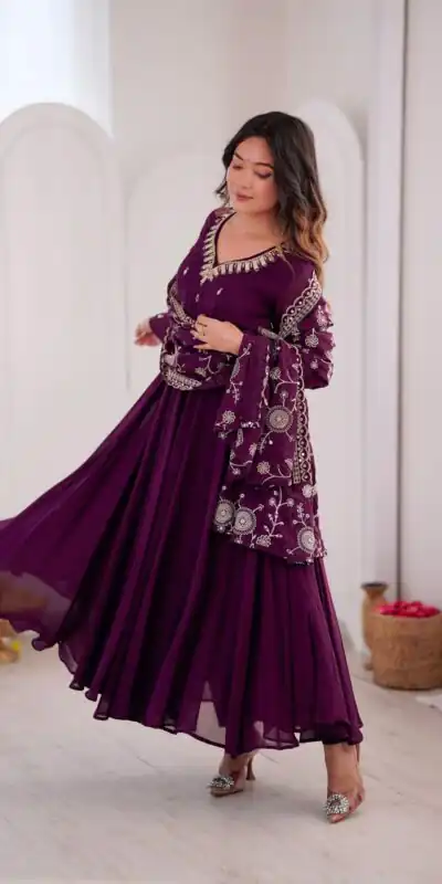 ZF 5025 Wine Faux Georgette Gown Perfect for Wedding, Party, Raksha Bandhan, Temple Visit, Onam – . Get it for ₹2149. Delivery 4-6 Working Days. Shop now | Bollywood Gowns, Creative Gowns, Designer Gowns, Embroidered Gowns, Gowns, Party Wear Gowns