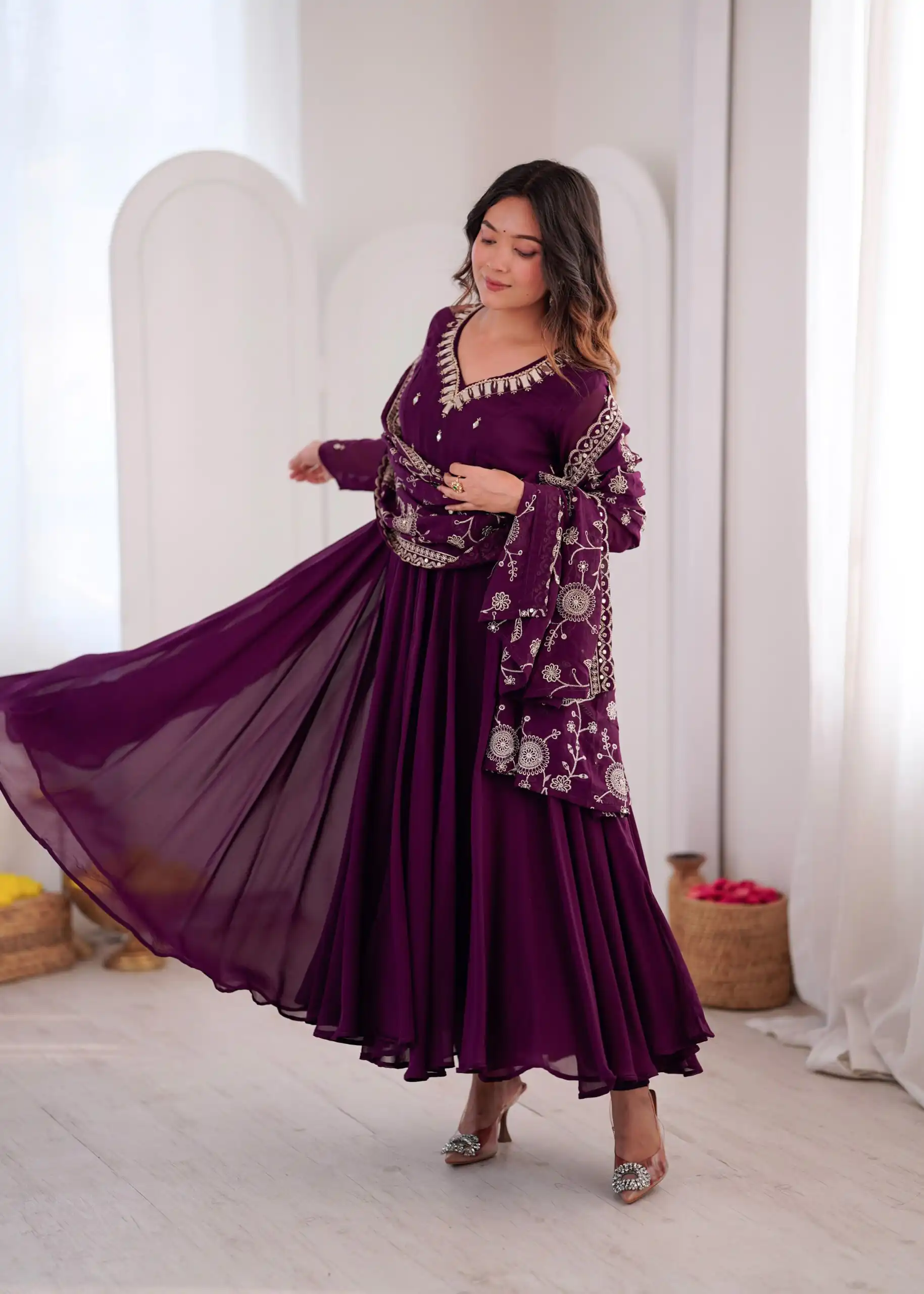 ZF 5025 Wine Faux Georgette Gown Perfect for Wedding, Party, Raksha Bandhan, Temple Visit, Onam – . Get it for ₹2149. Delivery 4-6 Working Days. Shop now | Bollywood Gowns, Creative Gowns, Designer Gowns, Embroidered Gowns, Gowns, Party Wear Gowns