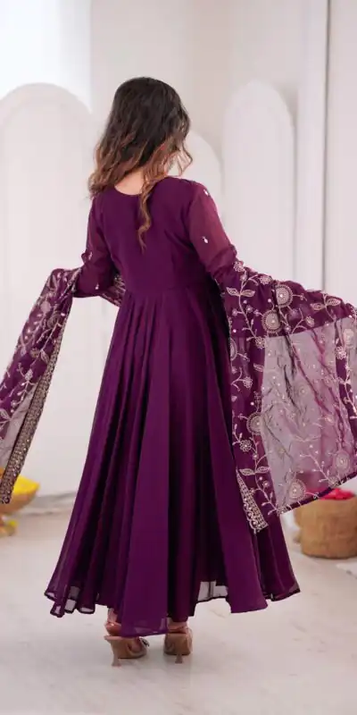 ZF 5025 Wine Faux Georgette Gown Perfect for Wedding, Party, Raksha Bandhan, Temple Visit, Onam – . Get it for ₹2149. Delivery 4-6 Working Days. Shop now | Bollywood Gowns, Creative Gowns, Designer Gowns, Embroidered Gowns, Gowns, Party Wear Gowns