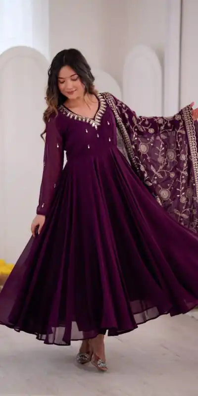 ZF 5025 Wine Faux Georgette Gown Perfect for Wedding, Party, Raksha Bandhan, Temple Visit, Onam – . Get it for ₹2149. Delivery 4-6 Working Days. Shop now | Bollywood Gowns, Creative Gowns, Designer Gowns, Embroidered Gowns, Gowns, Party Wear Gowns