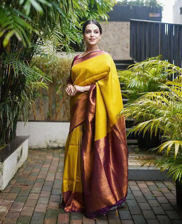 KP 4039 Yellow Soft Lichi Silk Cloth Saree Perfect for Wedding, Party, Family Gatherings, Sangeet, Festive Deal ₹1599. Delivery 4-6 Working Days | Bollywood Sarees, Creative Sarees, Designer Sarees, Embroidered Sarees, Ethnic Saree, Modern Digital sarees, Party Wear Sarees, Sarees