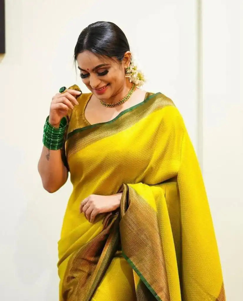 KP 4039 Yellow Soft Lichi Silk Cloth Saree Perfect for Wedding, Party, Family Gatherings, Sangeet, Festive Deal ₹1599. Delivery 4-6 Working Days | Bollywood Sarees, Creative Sarees, Designer Sarees, Embroidered Sarees, Ethnic Saree, Modern Digital sarees, Party Wear Sarees, Sarees
