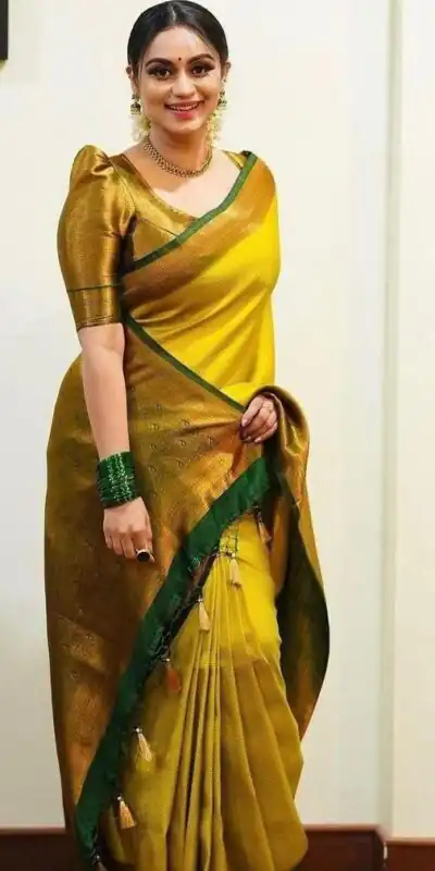 KP 4039 Yellow Soft Lichi Silk Cloth Saree Perfect for Wedding, Party, Family Gatherings, Sangeet, Festive Deal ₹1599. Delivery 4-6 Working Days | Bollywood Sarees, Creative Sarees, Designer Sarees, Embroidered Sarees, Ethnic Saree, Modern Digital sarees, Party Wear Sarees, Sarees