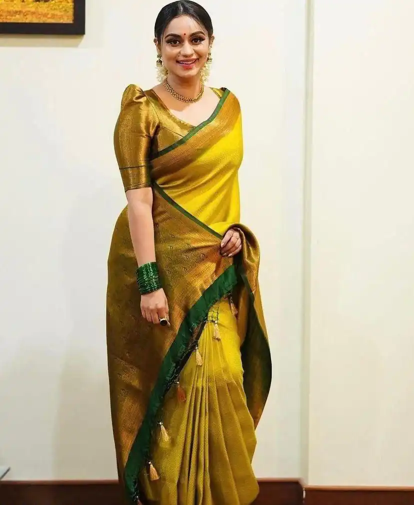 KP 4039 Yellow Soft Lichi Silk Cloth Saree Perfect for Wedding, Party, Family Gatherings, Sangeet, Festive Deal ₹1599. Delivery 4-6 Working Days | Bollywood Sarees, Creative Sarees, Designer Sarees, Embroidered Sarees, Ethnic Saree, Modern Digital sarees, Party Wear Sarees, Sarees
