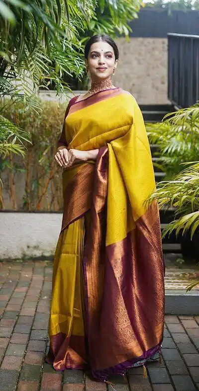 KP 4039 Yellow Soft Lichi Silk Cloth Saree Perfect for Wedding, Party, Family Gatherings, Sangeet, Festive Deal ₹1599. Delivery 4-6 Working Days | Bollywood Sarees, Creative Sarees, Designer Sarees, Embroidered Sarees, Ethnic Saree, Modern Digital sarees, Party Wear Sarees, Sarees