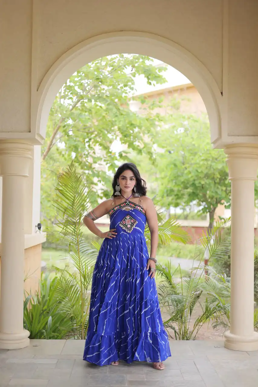 KA 1270 Blue in Colour Faux Georgette Bandhani Print Work Gown. Available at ₹2019 only. Delivery 4-6 Working Days. Shop now. | Bollywood Gowns, Creative Gowns, Designer Gowns, Embroidered Gowns, Gowns, Party Wear Gowns