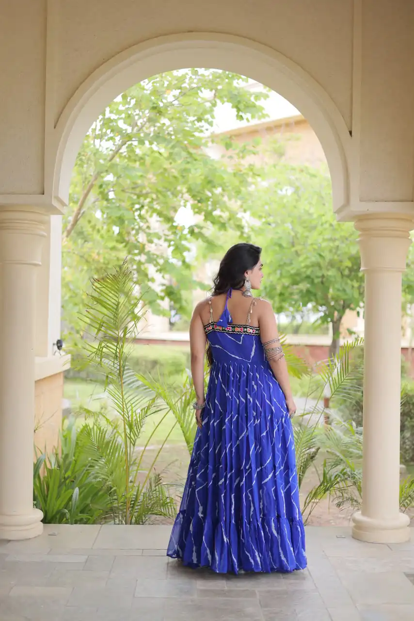 KA 1270 Blue in Colour Faux Georgette Bandhani Print Work Gown. Available at ₹2019 only. Delivery 4-6 Working Days. Shop now. | Bollywood Gowns, Creative Gowns, Designer Gowns, Embroidered Gowns, Gowns, Party Wear Gowns