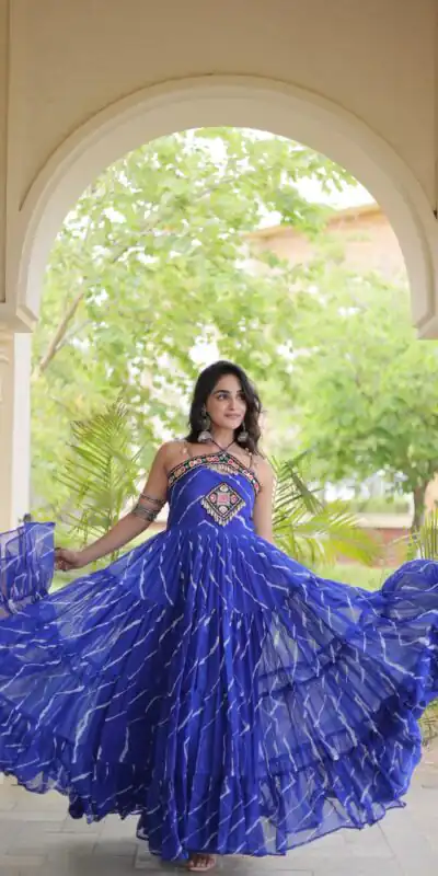 KA 1270 Blue in Colour Faux Georgette Bandhani Print Work Gown. Available at ₹2019 only. Delivery 4-6 Working Days. Shop now. | Bollywood Gowns, Creative Gowns, Designer Gowns, Embroidered Gowns, Gowns, Party Wear Gowns
