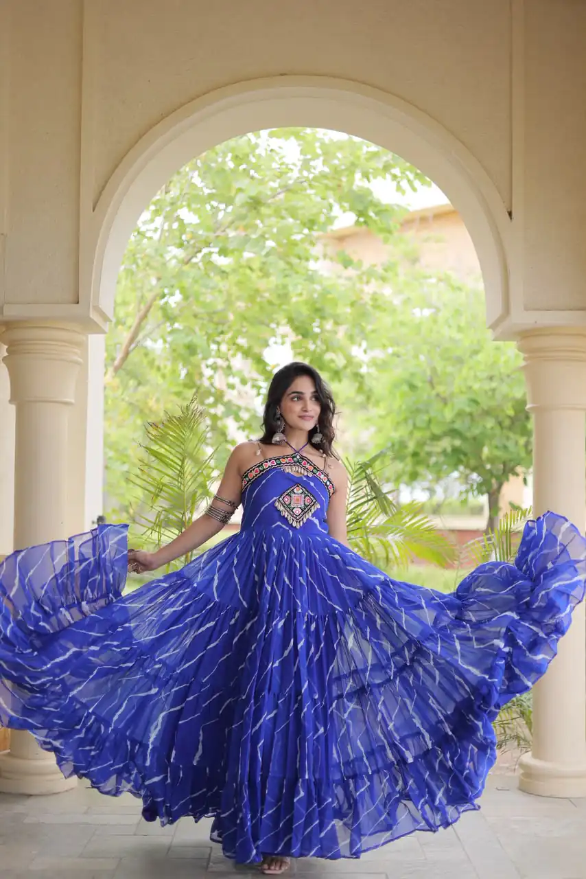 KA 1270 Blue in Colour Faux Georgette Bandhani Print Work Gown. Available at ₹2019 only. Delivery 4-6 Working Days. Shop now. | Bollywood Gowns, Creative Gowns, Designer Gowns, Embroidered Gowns, Gowns, Party Wear Gowns