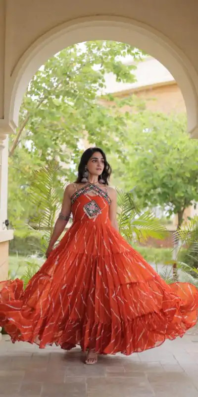 KA 1270 Orange in Colour Faux Georgette Bandhani Print Work Gown. Available at ₹2019 only. Delivery 4-6 Working Days. Shop now. | Bollywood Gowns, Creative Gowns, Designer Gowns, Embroidered Gowns, Gowns, Party Wear Gowns