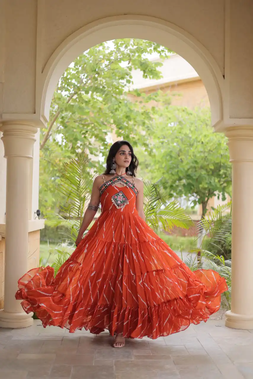 KA 1270 Orange in Colour Faux Georgette Bandhani Print Work Gown. Available at ₹2019 only. Delivery 4-6 Working Days. Shop now. | Bollywood Gowns, Creative Gowns, Designer Gowns, Embroidered Gowns, Gowns, Party Wear Gowns